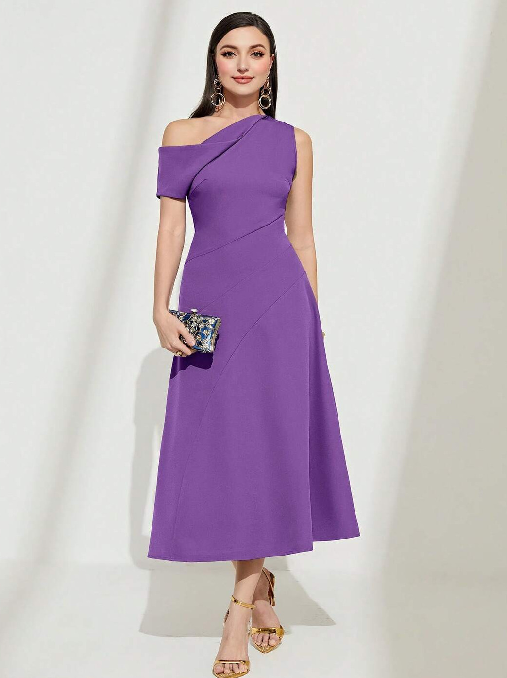 Solid Asymmetrical Neck A-Line Dress, Semi Formal Dress