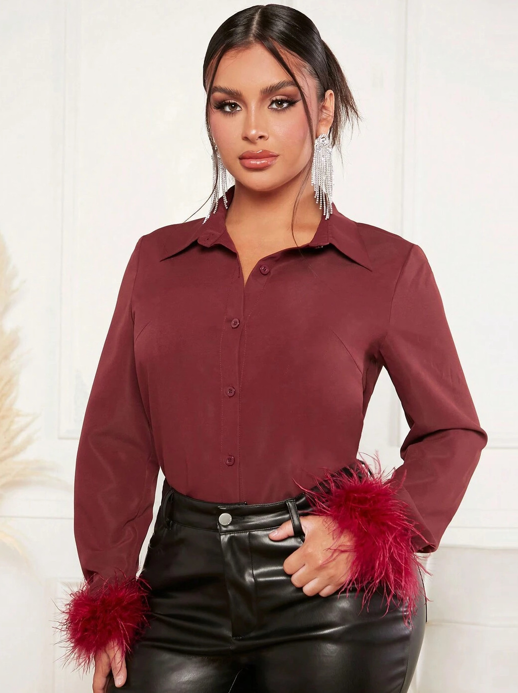 Fuzzy Cuff Button Front Shirt